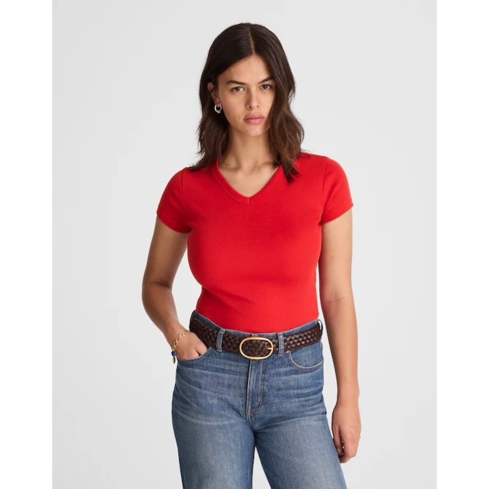Madewell Whisper Cotton V-Neck Baby Tee Bright Red Short Sleeve XXS NEW